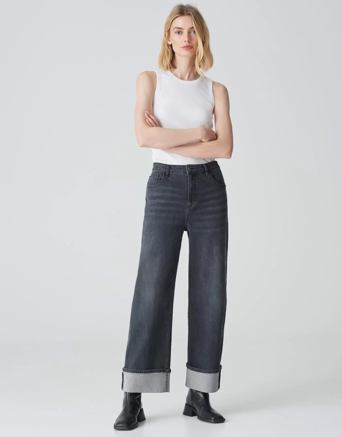 Jeans<OPUS Commander Jeans à Jambe Large Marli Turn Up Gris En Ligne soft authentic grey