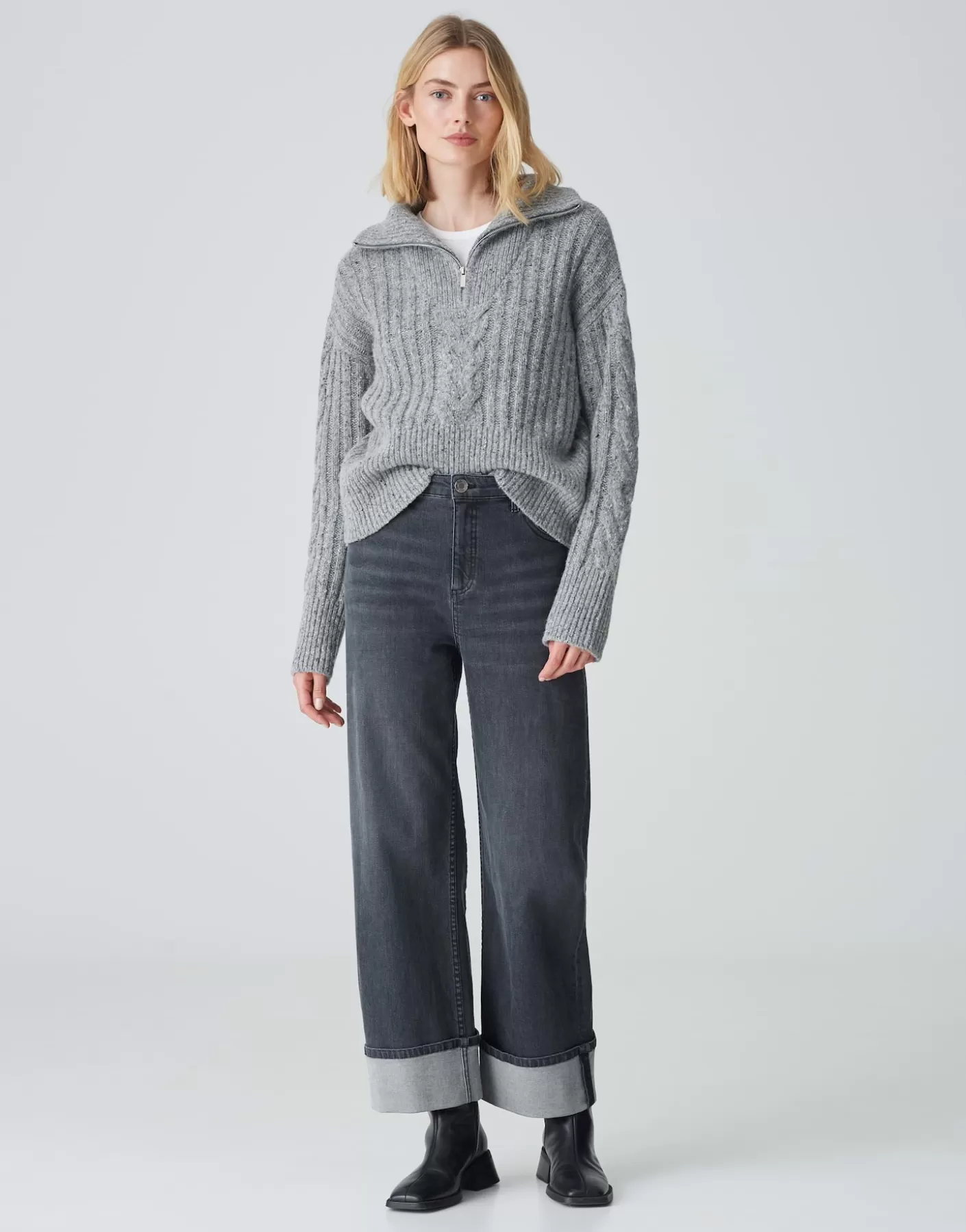Jeans<OPUS Commander Jeans à Jambe Large Marli Turn Up Gris En Ligne soft authentic grey