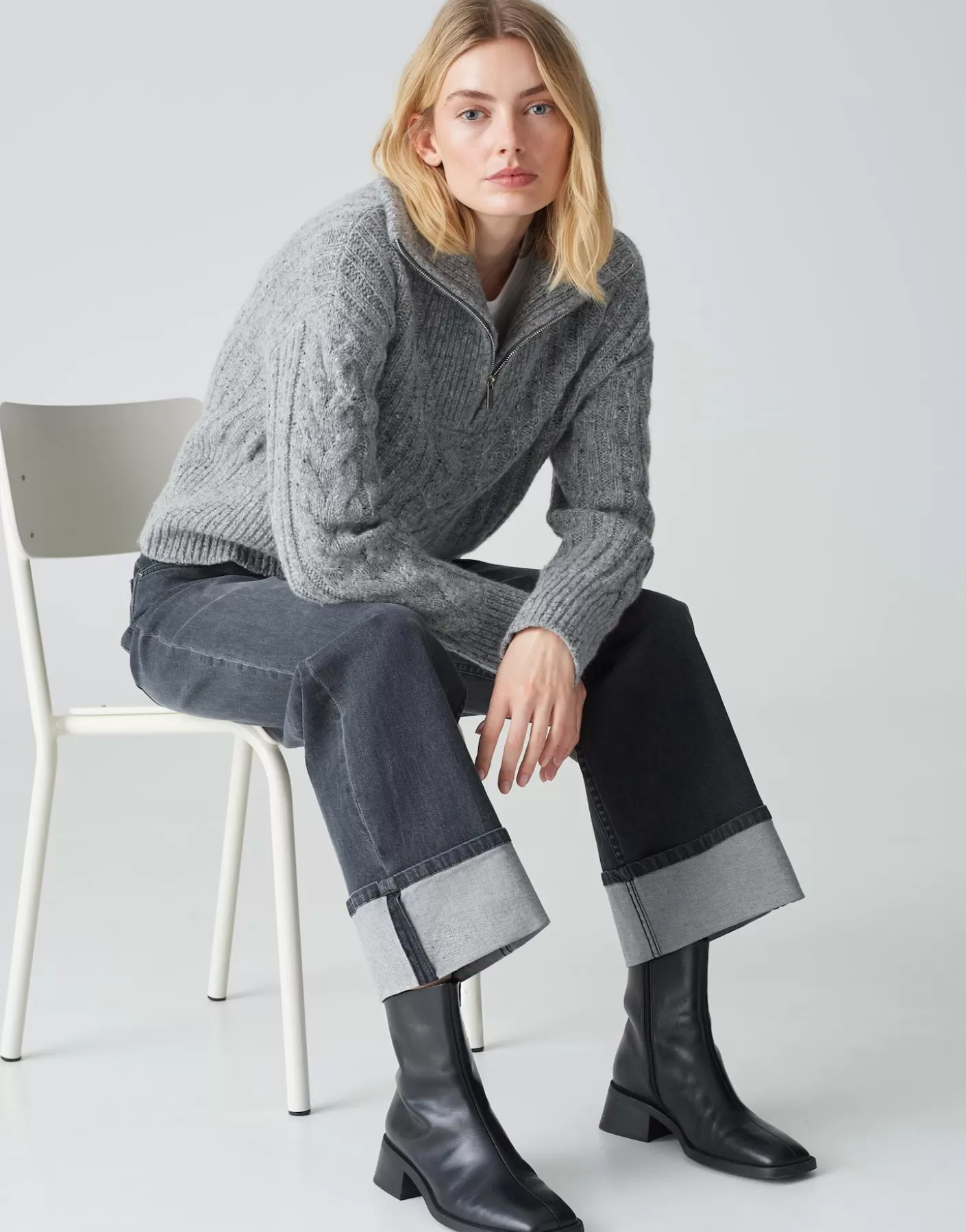 Jeans<OPUS Commander Jeans à Jambe Large Marli Turn Up Gris En Ligne soft authentic grey